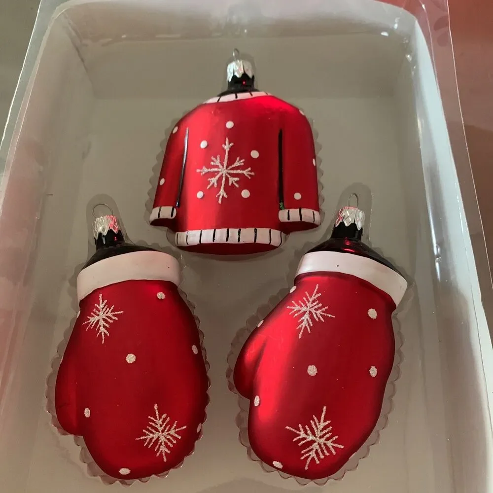 Vintage Bradford Glass Ornaments Christmas Sweater Coat Mittens Gloves Red White